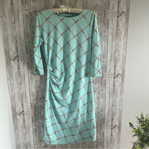 J. McLaughlin Dresses & Skirts - J. McLaughlin Green Ruched Sheath Dress 3/4 Sleeve Small